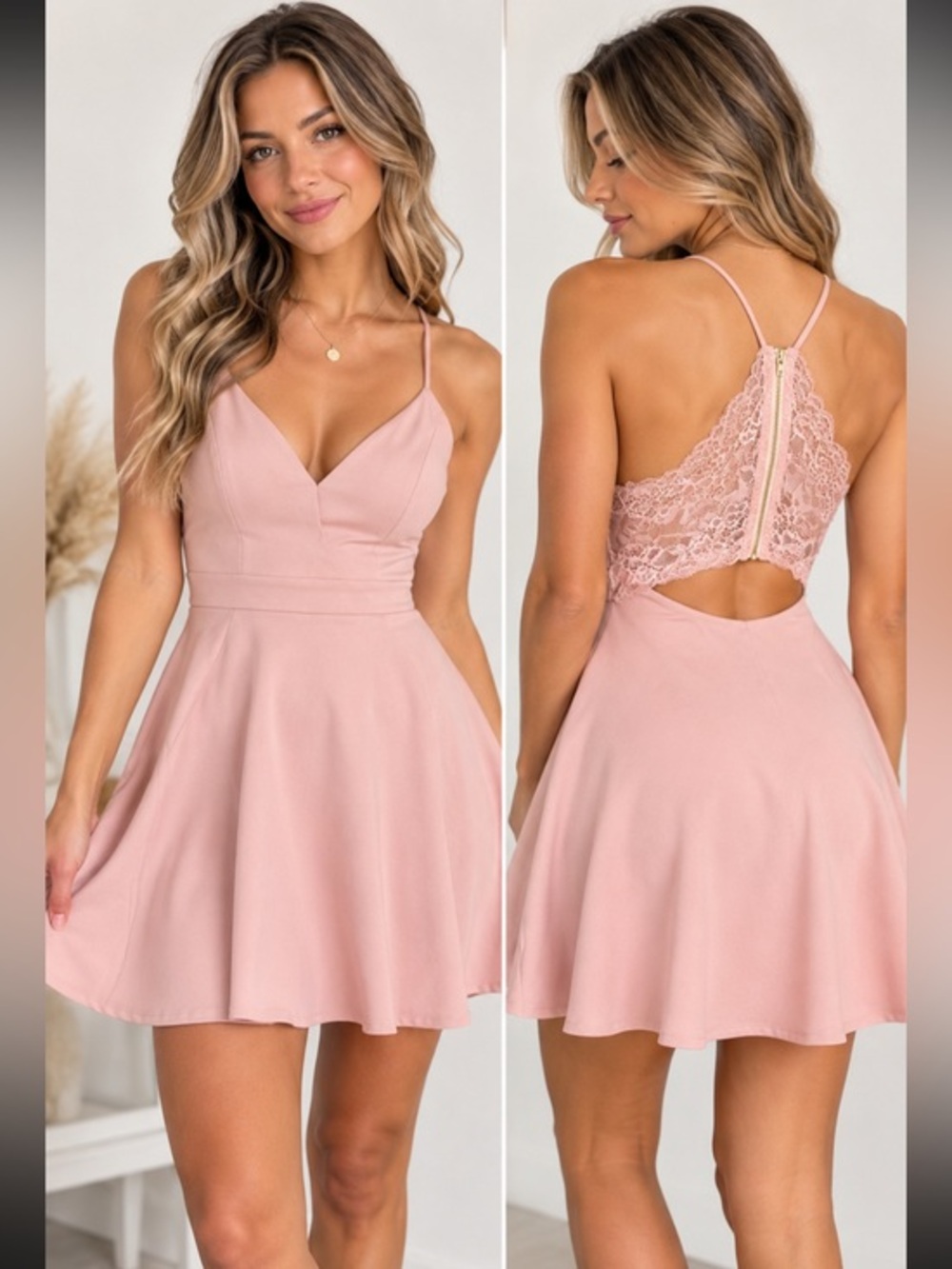 TRAC Blush Pink Lace Back Fit & Flare Dress Size Medium with key hole back
